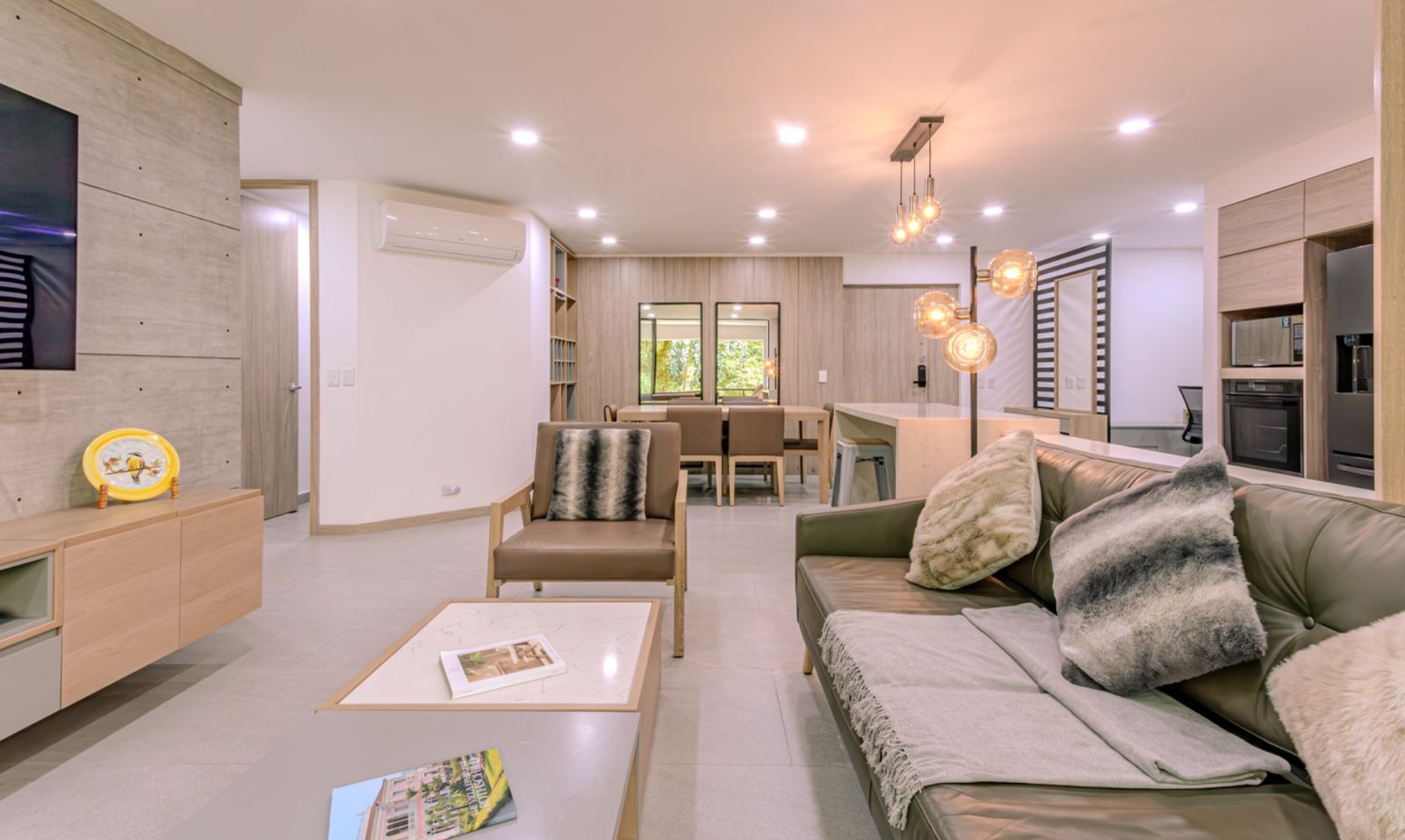 Living room, kitchen and dining area
